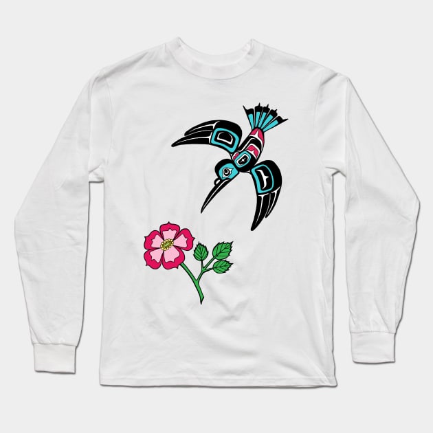 Hummingbird and Sitka Rose Long Sleeve T-Shirt by Featherlady Studio